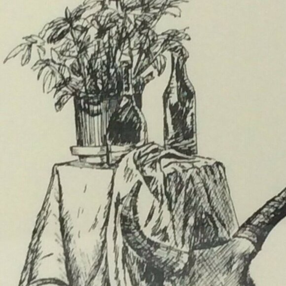 Katie Redel Pen Ink Drawing Southwestern Still Life Pottery Cow Skull Framed - Picture 4 of 7